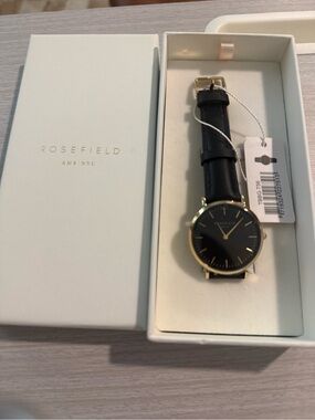 Rosefield Black Leather Tribeca Watch with Gold Accents